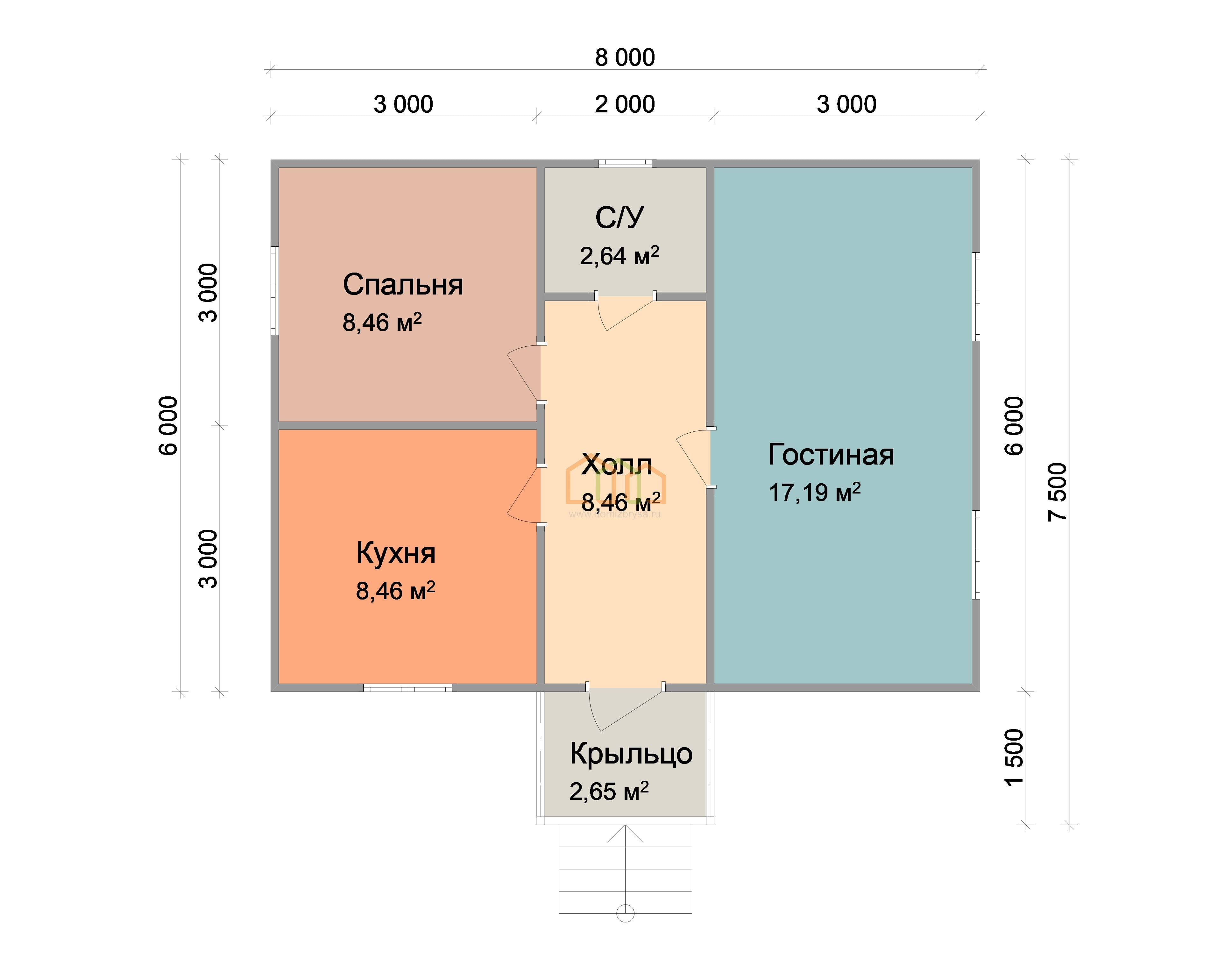 Одноэтажный каркасный дом 6х8 - цена 1277500 руб под ключ в Коломне.  Площадь: 51 м² с крыльцом